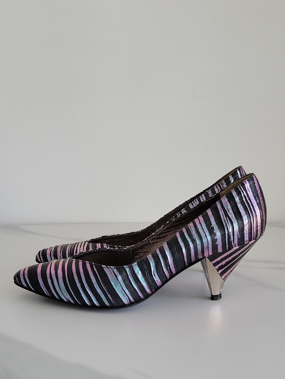 Casadei Iridescent Pink & Blue Striped Pointed Toe Pumps